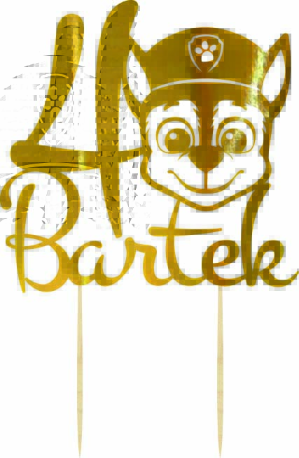 Topper urodzinowy Psi Patrol napis złoty dekoracja na tort pik z imieniem