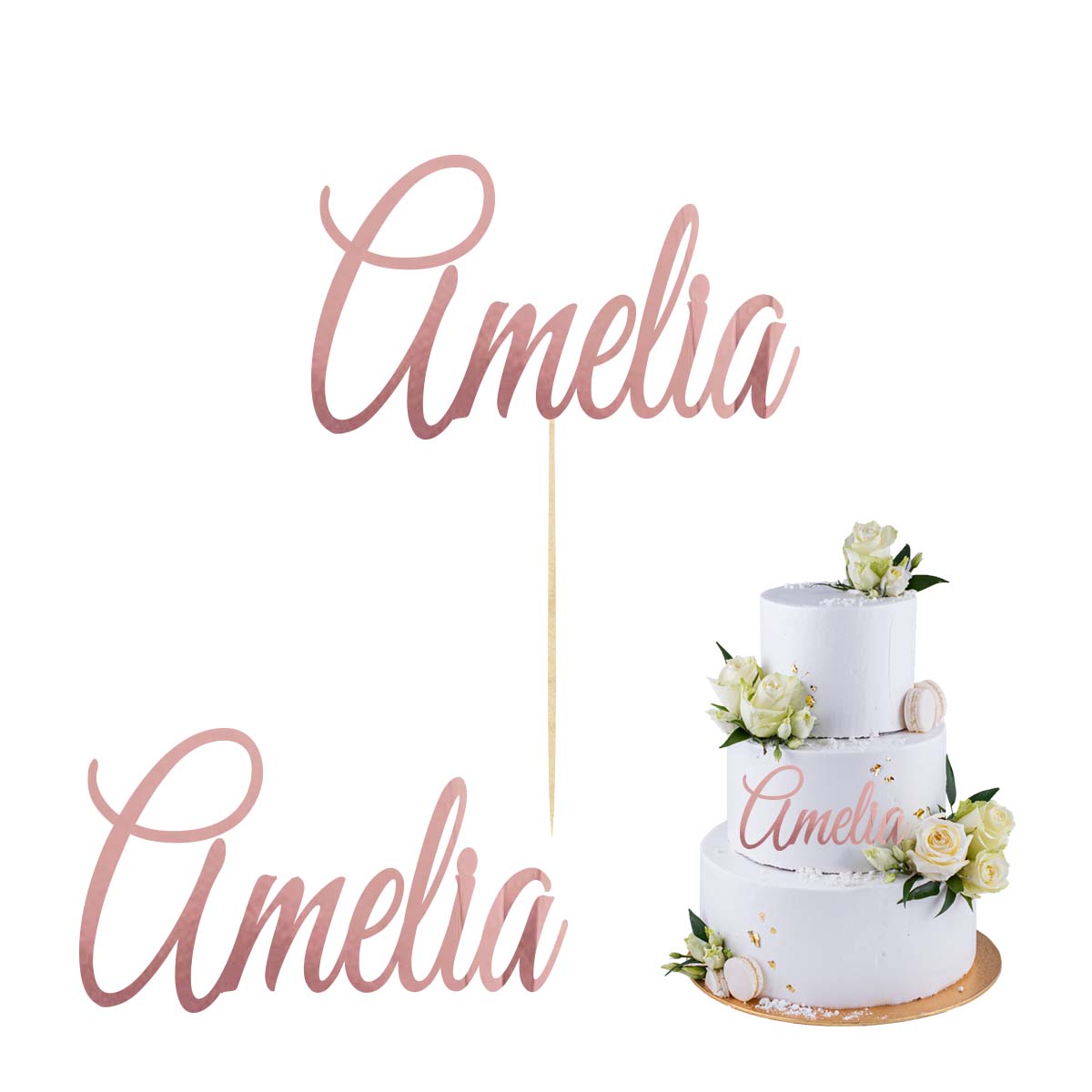 Topper na bok tortu imię napis różowe złoto, dekoracja na Komunię Świętą Chrzest Roczek Urodziny pik scrapki