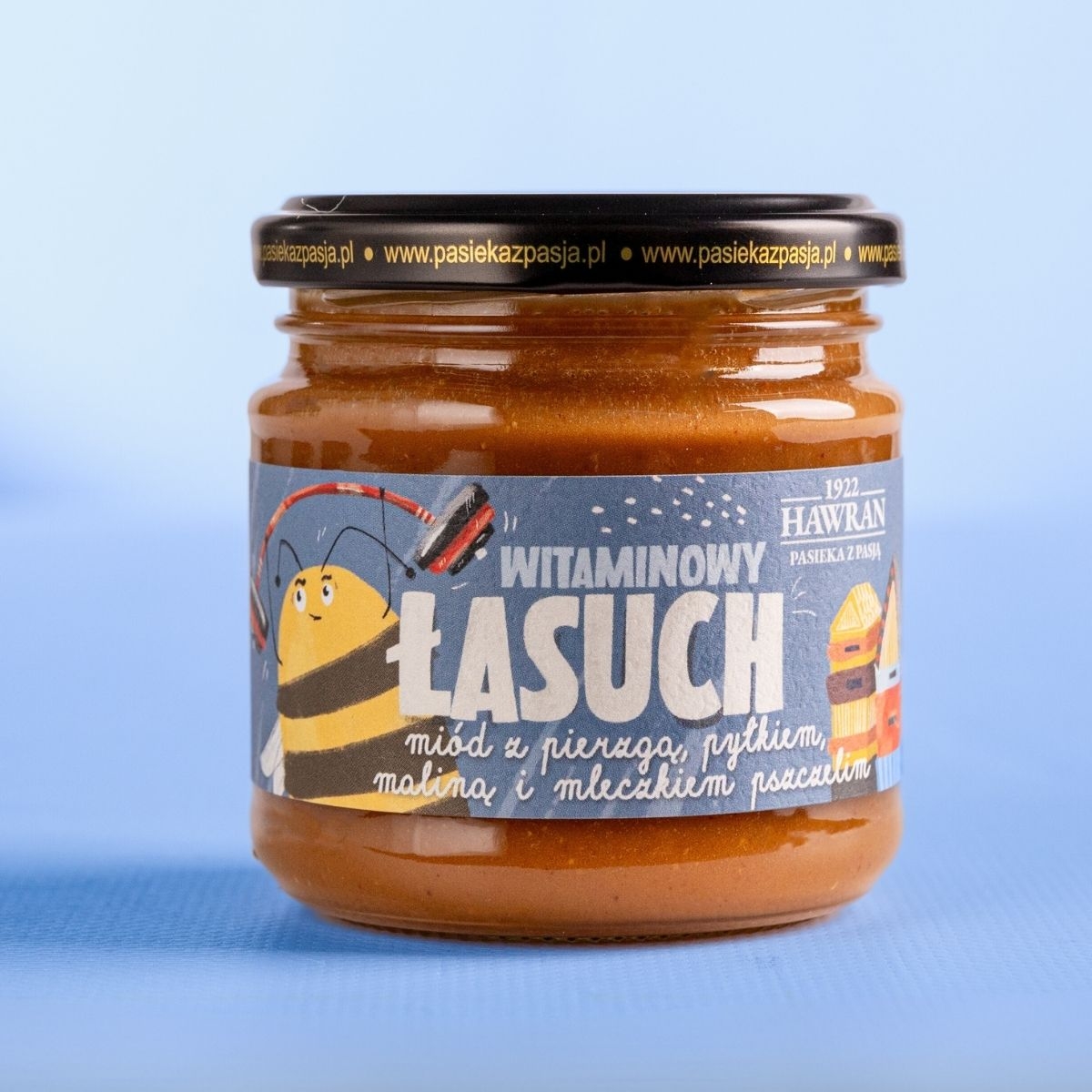 Witaminowy łasuch - miód dla dzieci z mleczkiem pszczelim, pierzgą, maliną i pyłkiem 240g - Pasieka z Pasją Hawran