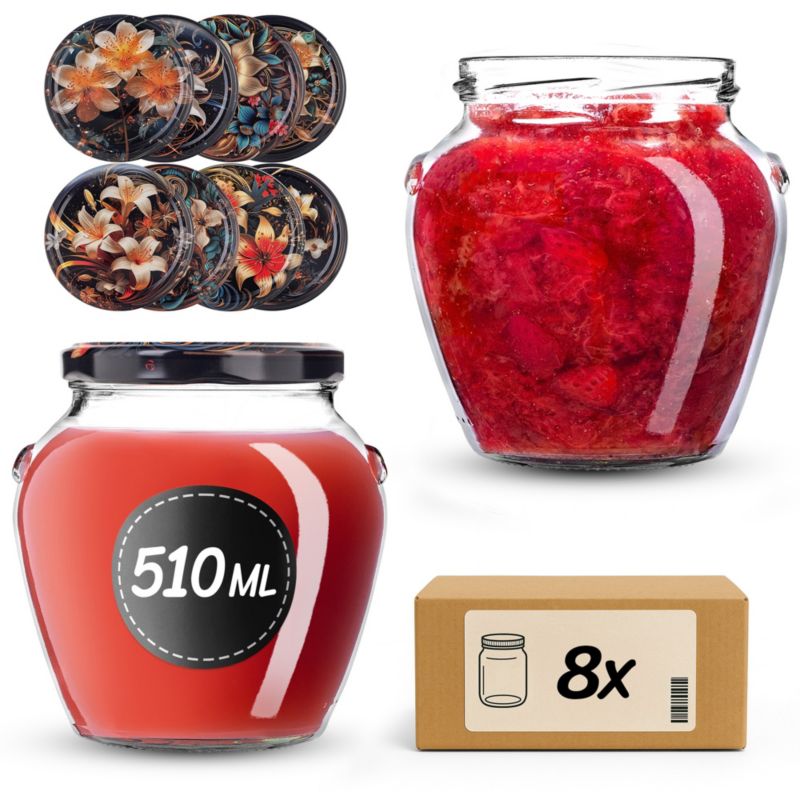 Słoiki na przetwory 510ml + wieczka "Kwiaty" 82mm 8szt.
