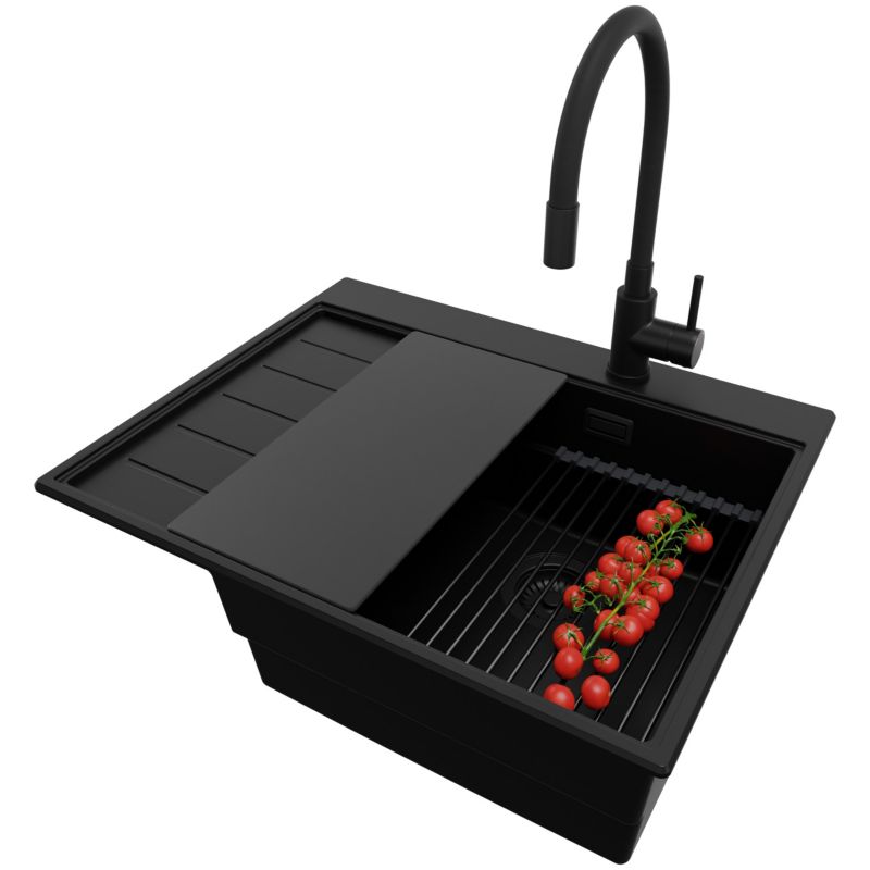 Zlewozmywak Granitowy Sydney PRIMAGRAN Nablatowy 62x50cm, Cały Czarny + Bateria + Syfon + Akcesorium, S144, 1 szt.