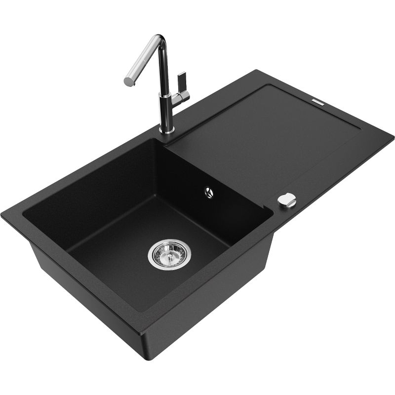 Zlewozmywak granitowy 1-komorowy Mexen Leo z ociekaczem i baterią kuchenną Flora czarny 6501-77-670401-00