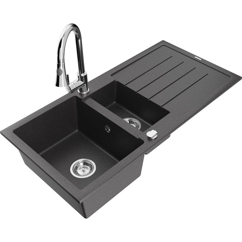 Zlewozmywak granitowy 1.5-komorowy Mexen Andres z ociekaczem i baterią kuchenną Elia czarny nakrapiany 6515-76-670101-00