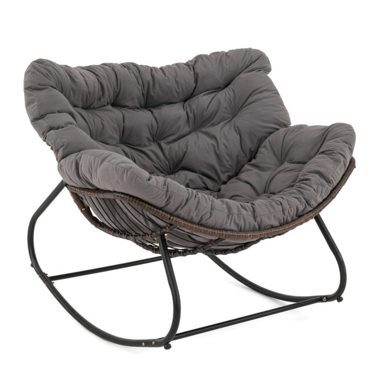 Ogrodowy fotel bujany MebleMWM technorattan brązowy poduszki szare 1 szt.