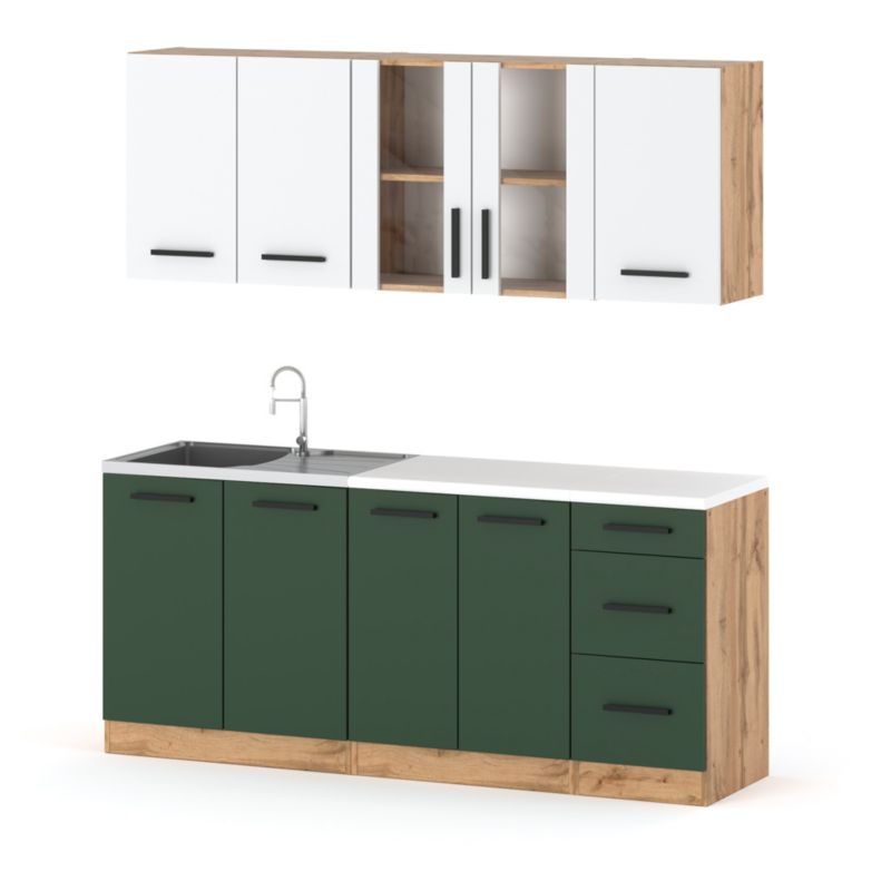Zestaw Kuchenny Hurtownia-Mebli Z Blatem Kuchnia Rest 200cm Dąb Wotan Biały Mat/Butelkowa Zieleń 200x47x145 cm 1szt.