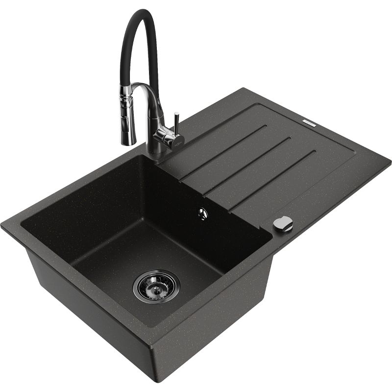 Zlewozmywak granitowy 1-komorowy Mexen Bruno z ociekaczem i baterią kuchenną Aster czarny/złoty metalik 6513-75-73450-07-B