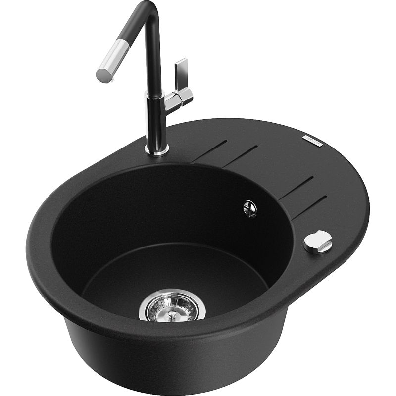Zlewozmywak granitowy 1-komorowy Mexen Kevin z ociekaczem i baterią kuchenną Flora czarny - 6517-77-670401-07-B 1 szt.