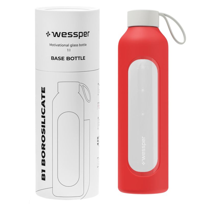 Butelka na wodę, Wessper B1, motywacyjna, z miarką, z etui silikonowym, szkło borokrzemowe, bidon, 1000ml, czerwony, 1szt