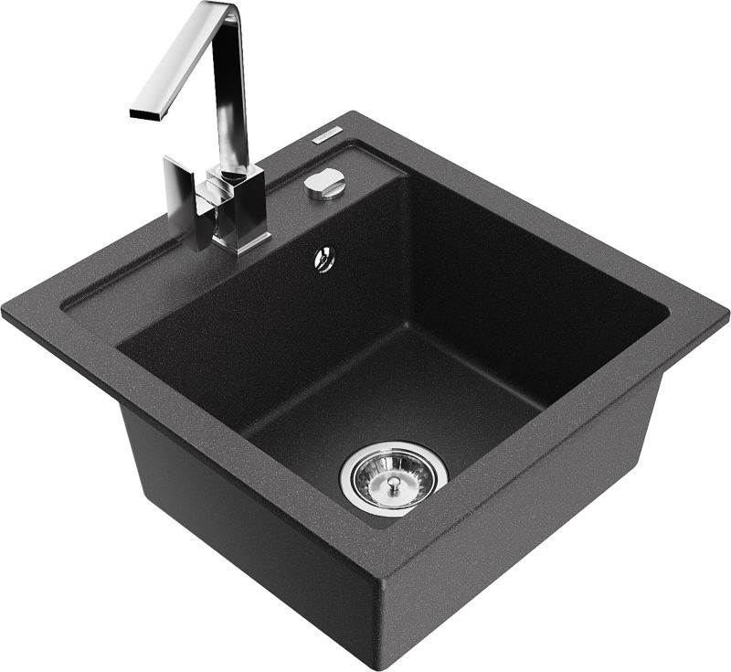 Zlewozmywak granitowy Mexen Vito 1-komorowy z baterią kuchenną Rita czarny 6503-76-670300-00