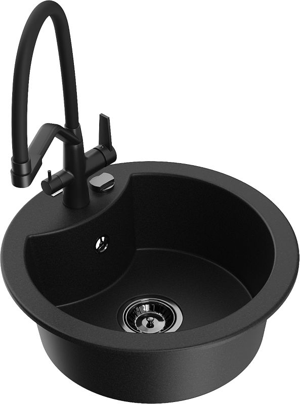 Zlewozmywak granitowy Mexen Diego 1-komorowy z baterią kuchenną Duo czarny/srebrny - 6512-73-671701-57-B 1 szt.