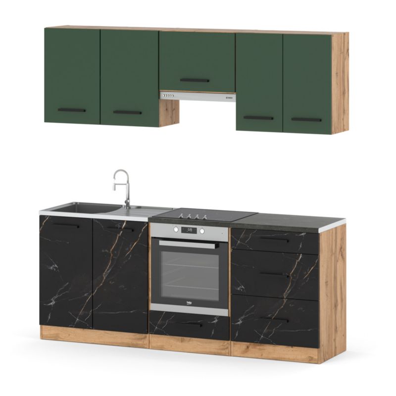 Zestaw Kuchenny Hurtownia-Mebli Z Blatem Kuchnia Mini Mokka Full 200cm Dąb Wotan Butelkowa Zieleń/San Sebastian 200x47x145 cm 1s