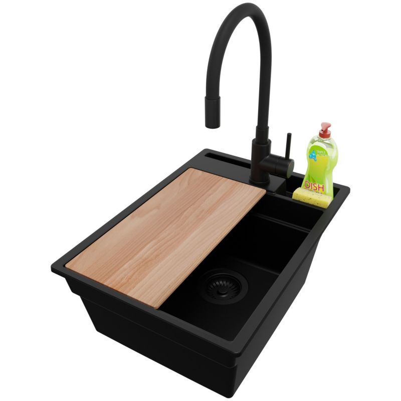 Zlewozmywak Granitowy Oslo Pocket PRIMAGRAN Nablatowy 38x53cm do szafki od 40cm z Syfonem i Baterią i Dodatkiem Cały Czarny 1 szt.