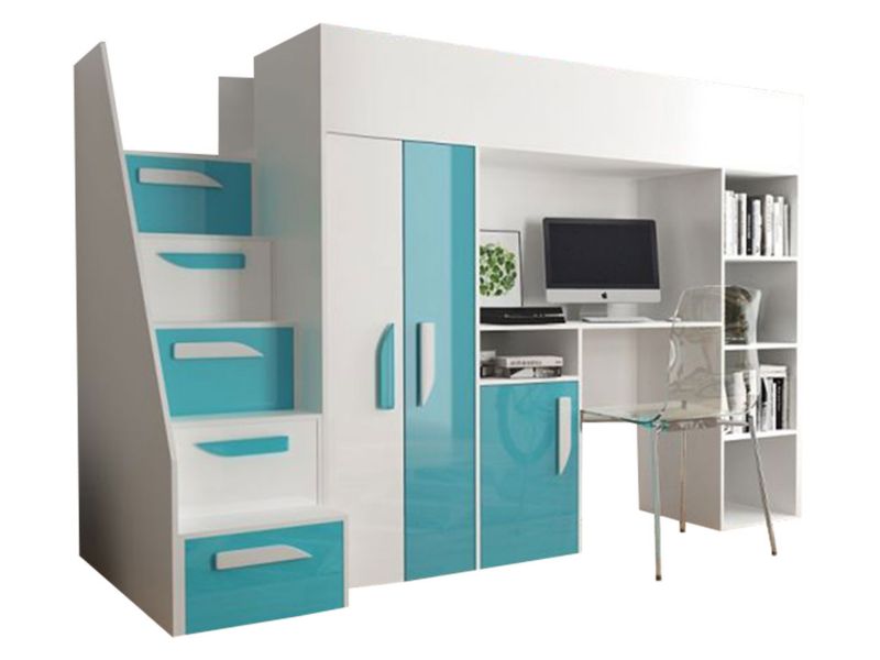 Łóżko piętrowe ze schodami MIRJAN 24 Party 14 biały połysk+turkusowy połysk 1 kpl.