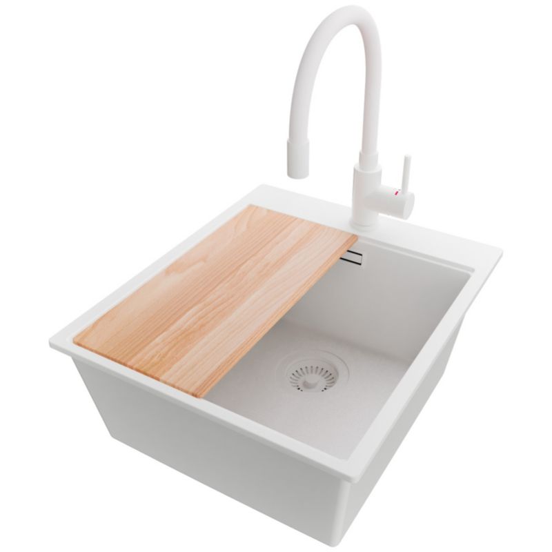 Zlewozmywak Granitowy Oslo PRIMAGRAN Nablatowy 43x50cm do szafki od 45cm, Cały Biały + Bateria + Syfon + Deska, S212, 1 szt.