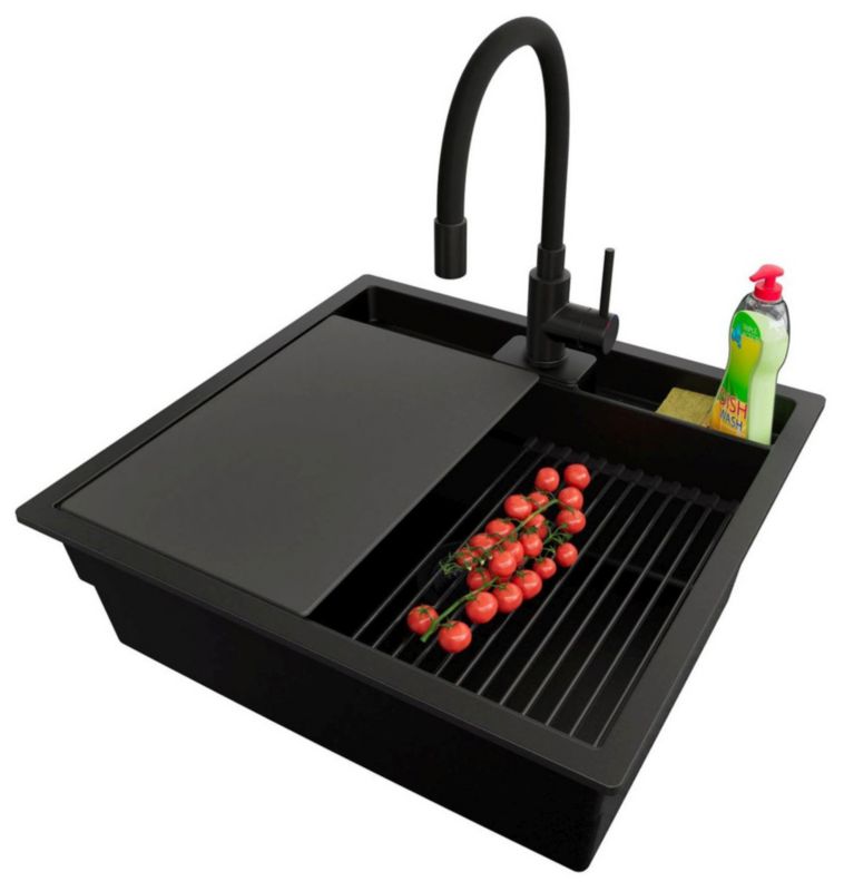 Zlewozmywak Granitowy Bergen Pocket PRIMAGRAN Nablatowy 56x54cm, Cały Czarny + Bateria + Syfon + Akcesorium, , 1 szt.