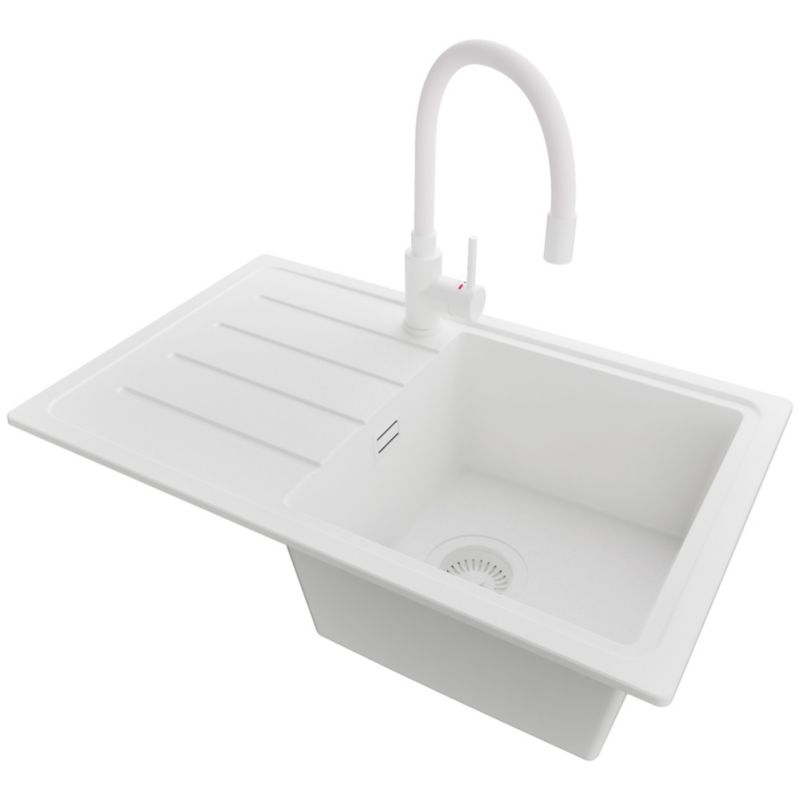 Zlewozmywak Granitowy Kopenhaga Easy PRIMAGRAN Nablatowy 70x44cm do szafki od 45cm, Cały Biały + Bateria + Syfon, S064, 1 szt.