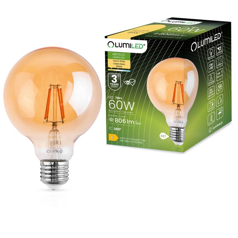 Żarówka LED Lumiled E27 Dekoracyjna G125 7W 806lm 2000K 360st Bursztynowa Filament 1 szt.