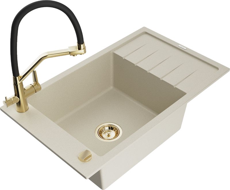 Zlewozmywak granitowy Mexen Elias 1-komorowy z ociekaczem i baterią kuchenną Duo czarny - 6511-76-671701-57-B 1 szt.