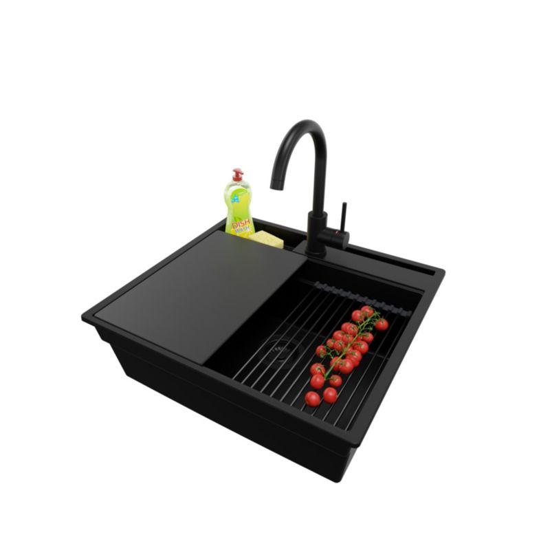 Zlewozmywak Granitowy Oslo Pocket PRIMAGRAN Nablatowy 58x53cm, Cały Czarny + Bateria + Syfon + Akcesorium, S238, 1 szt.