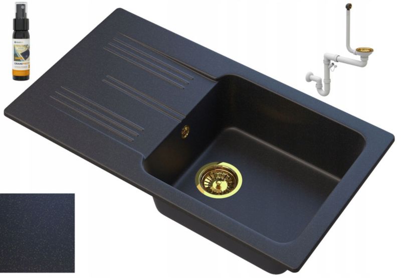 Zlewozmywak Granitowy Kuchenny Granitan Ada Czarny z Drobinkami Złotego z Syfonem 1kpl.