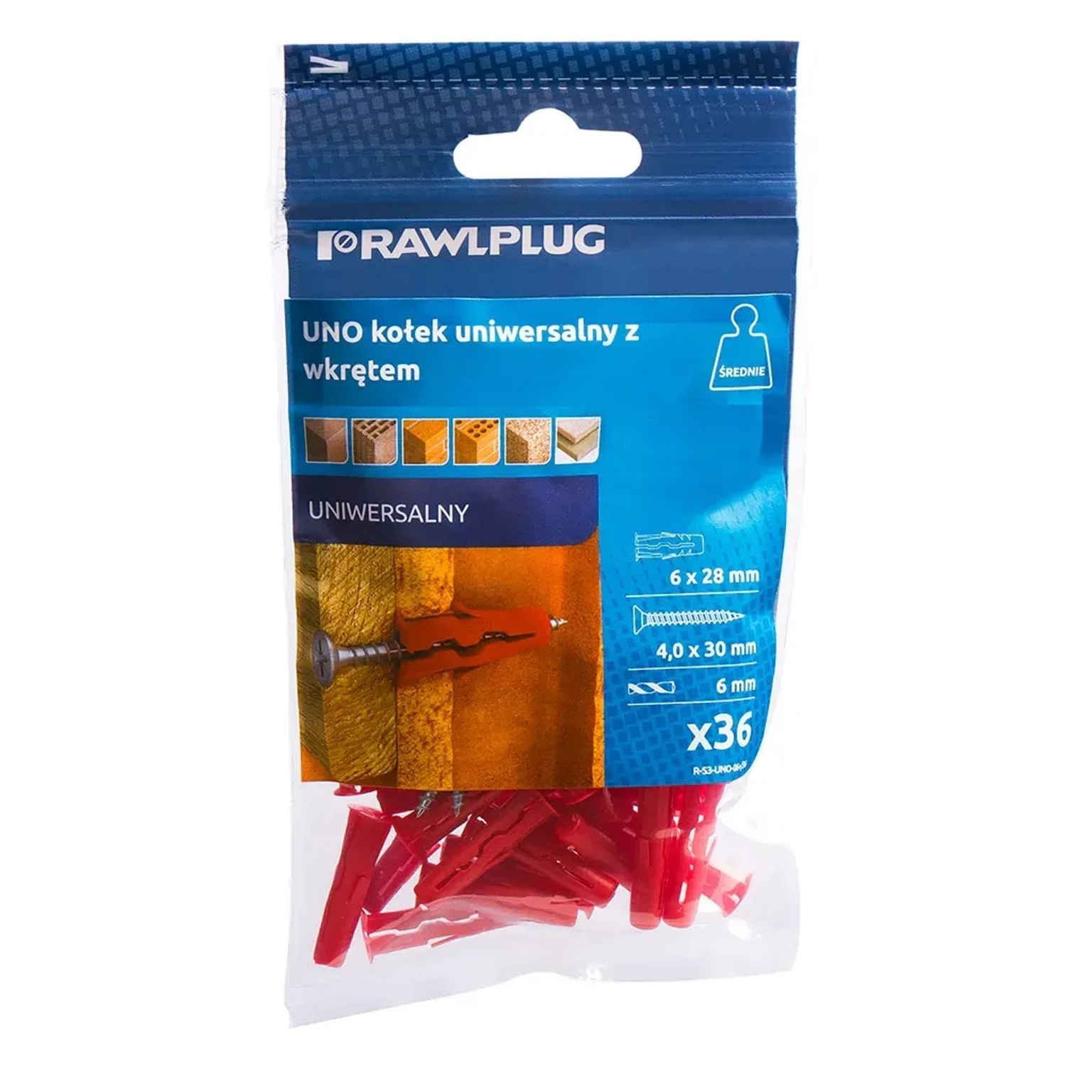 Rawlplug Kołek UNO uniwersalny 6x28mm z wkrętem 36 szt