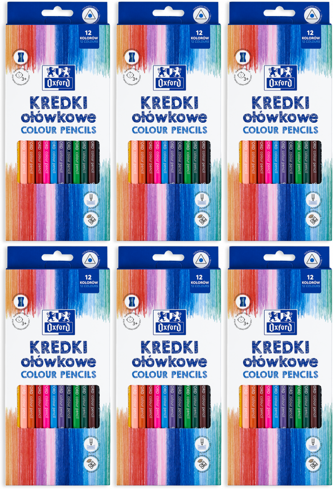 6x Kredki ołówkowe Oxford Regular, 12 sztuk + temperówka, mix kolorów