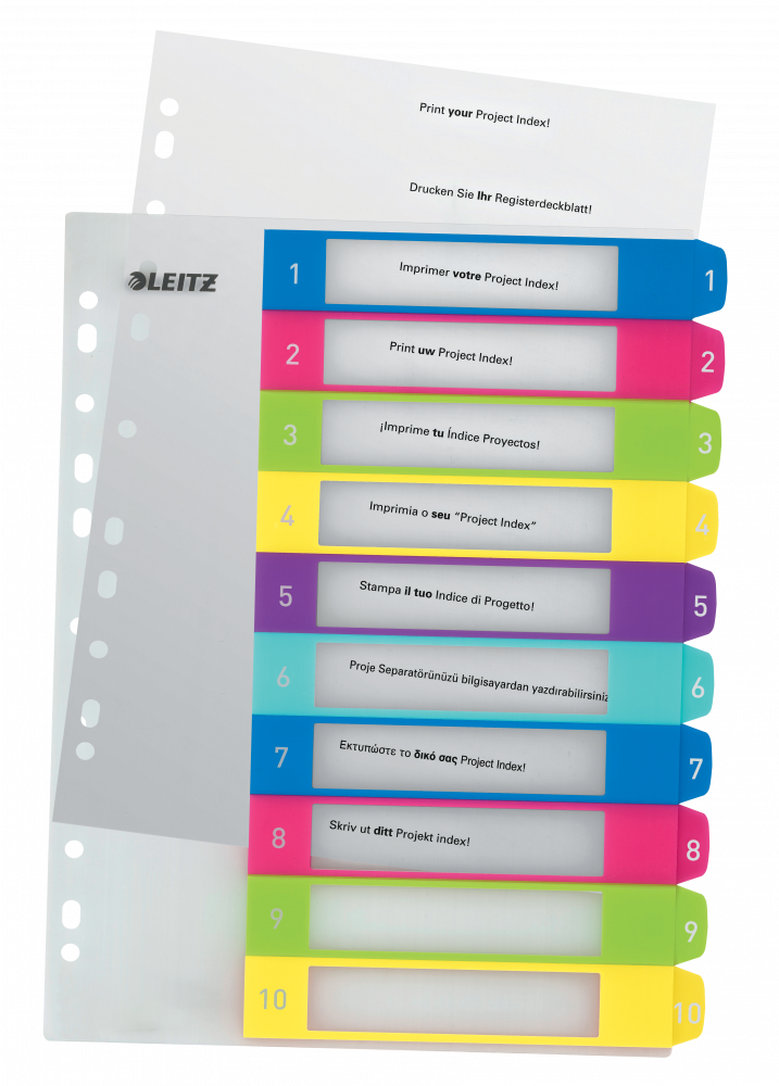 Przekładki do segregatora Leitz Wow, plastikowe, numeryczne, do zadruku, A4+, 1-10 kart, mix kolorów