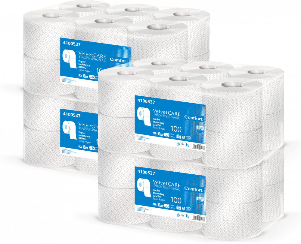 4x Papier toaletowy VelvetCARE Professional Jumbo 100, 2-warstwowy, 100m, 12 rolek, biały