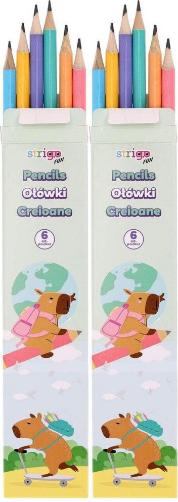 2x Ołówek Strigo Capybara, HB, z gumką, 6 sztuk, mix kolorów pastelowych
