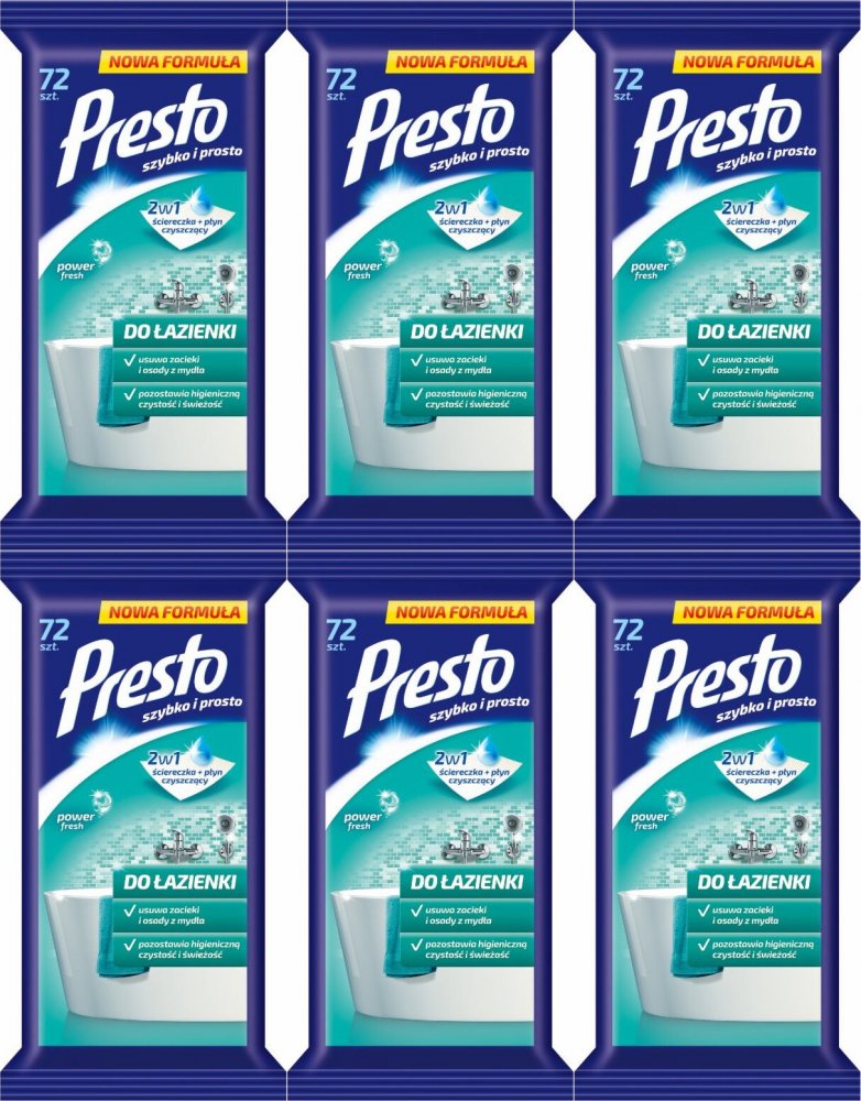 6x Chusteczki do czyszczenia łazienki Presto Clean, nawilżone, 72 sztuki