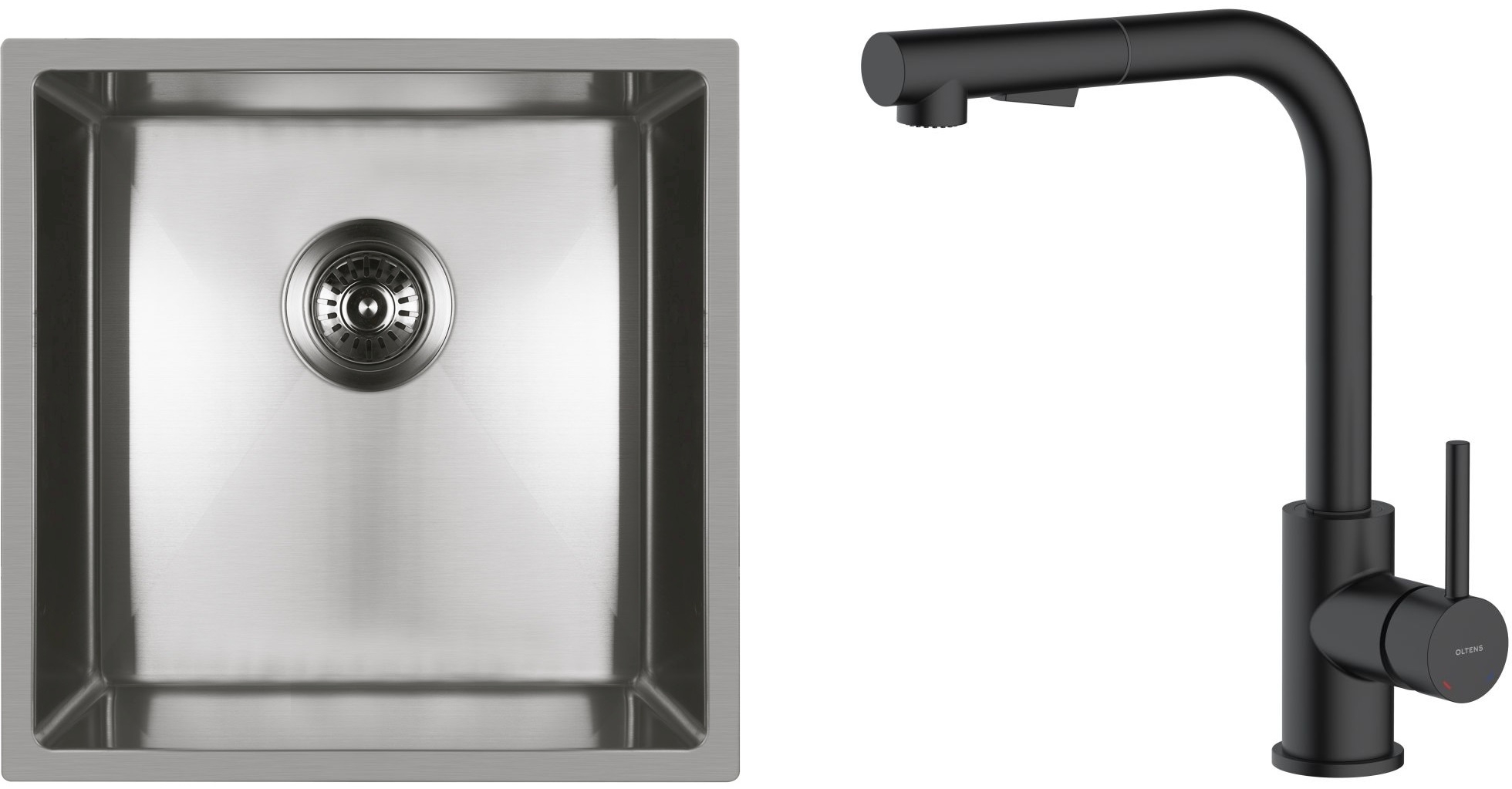 Zestaw Oltens Stalvask zlewozmywak stalowy 44x44 cm z baterią kuchenną Myvat stal polerowana/czarny mat (71100100, 35205300) - Wysyłka w 24h