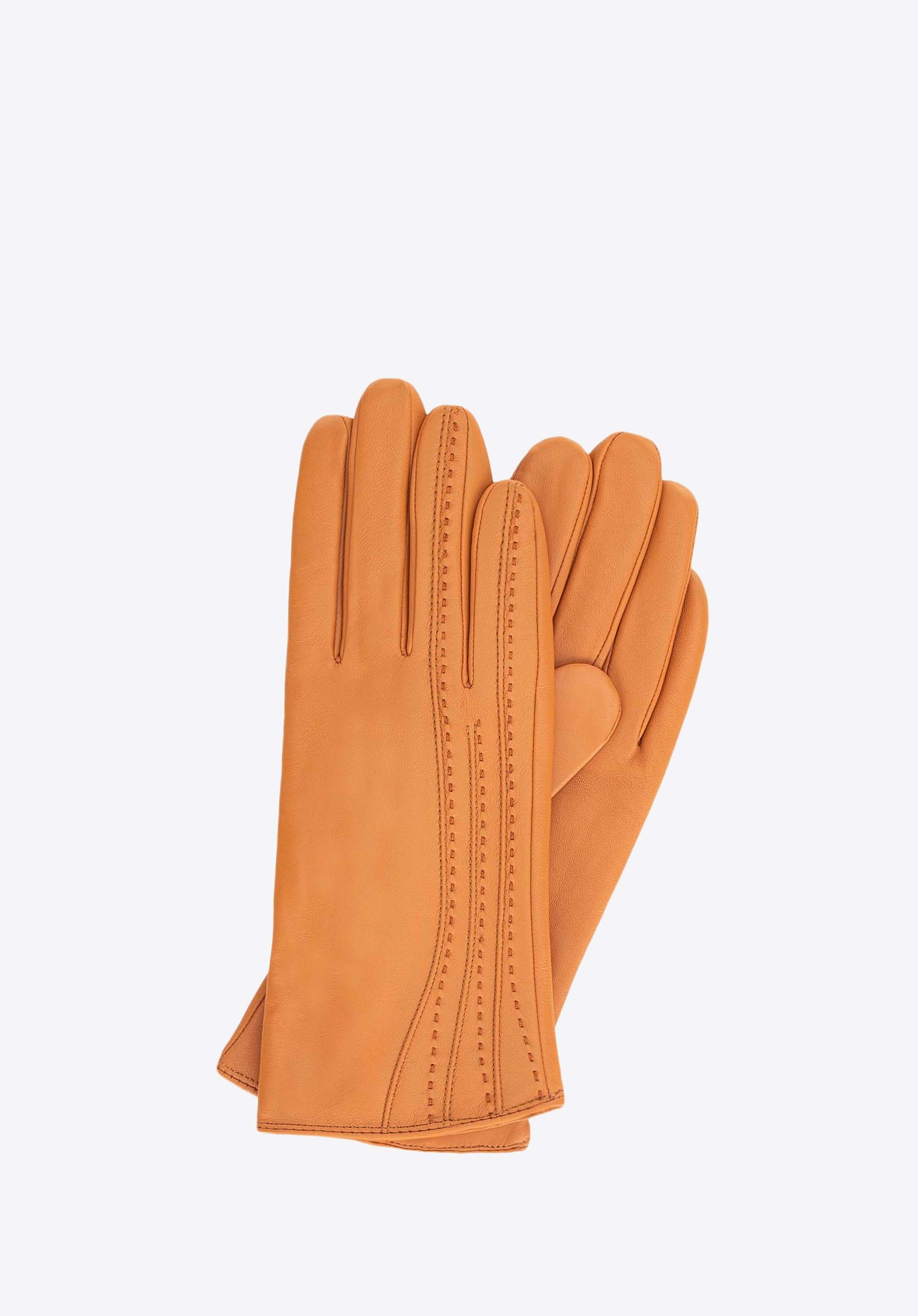 Skórzane rękawiczki damskie z przeszyciami karmelowe