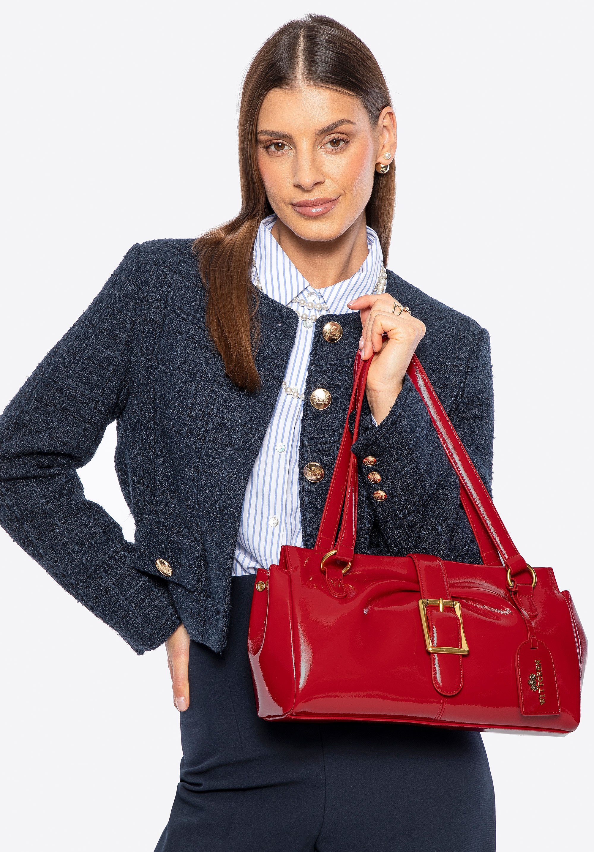 Damska torebka na ramię ze skóry podłużna czerwona