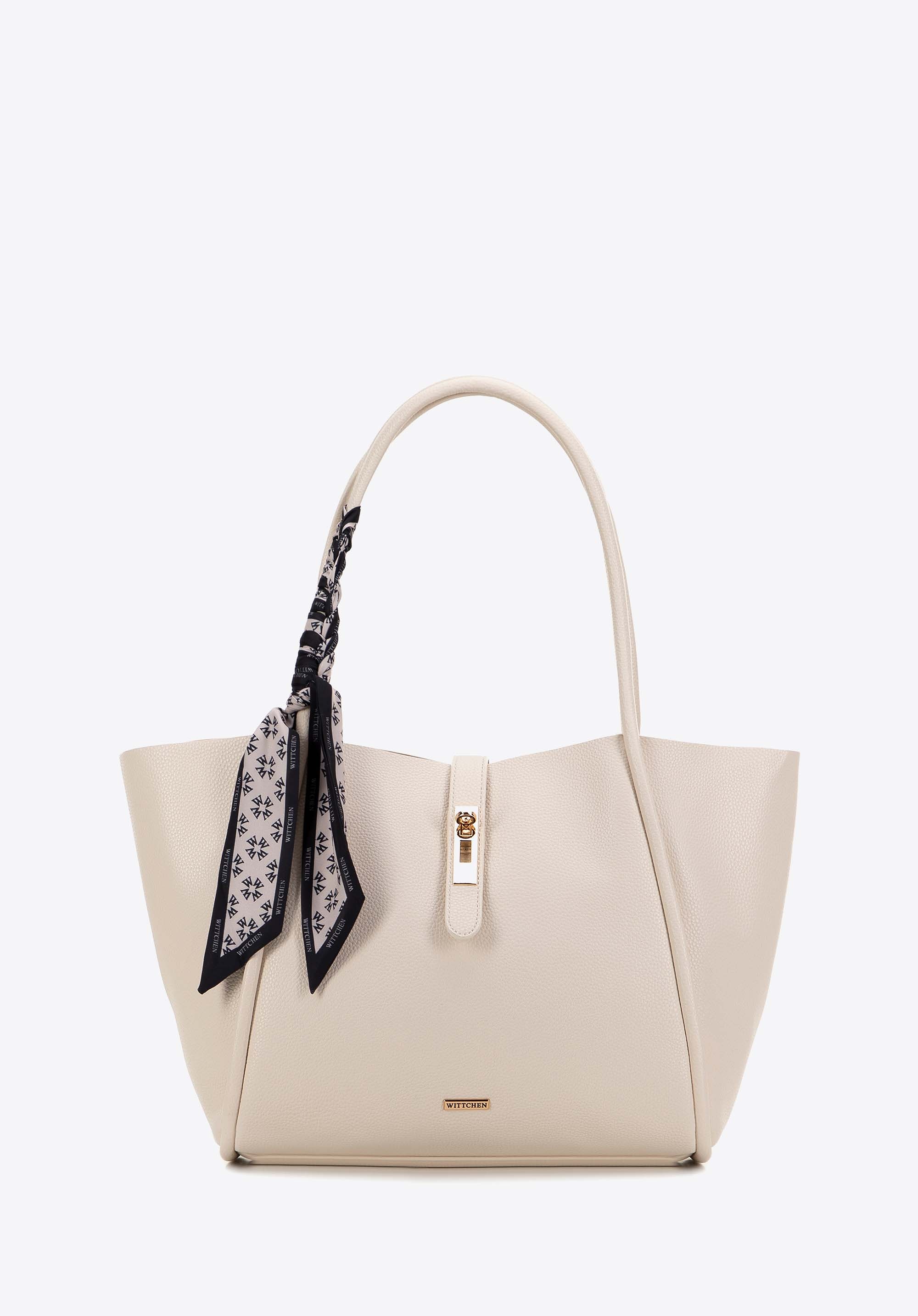 Damska shopperka z dekoracyjną apaszką w monogram kremowa