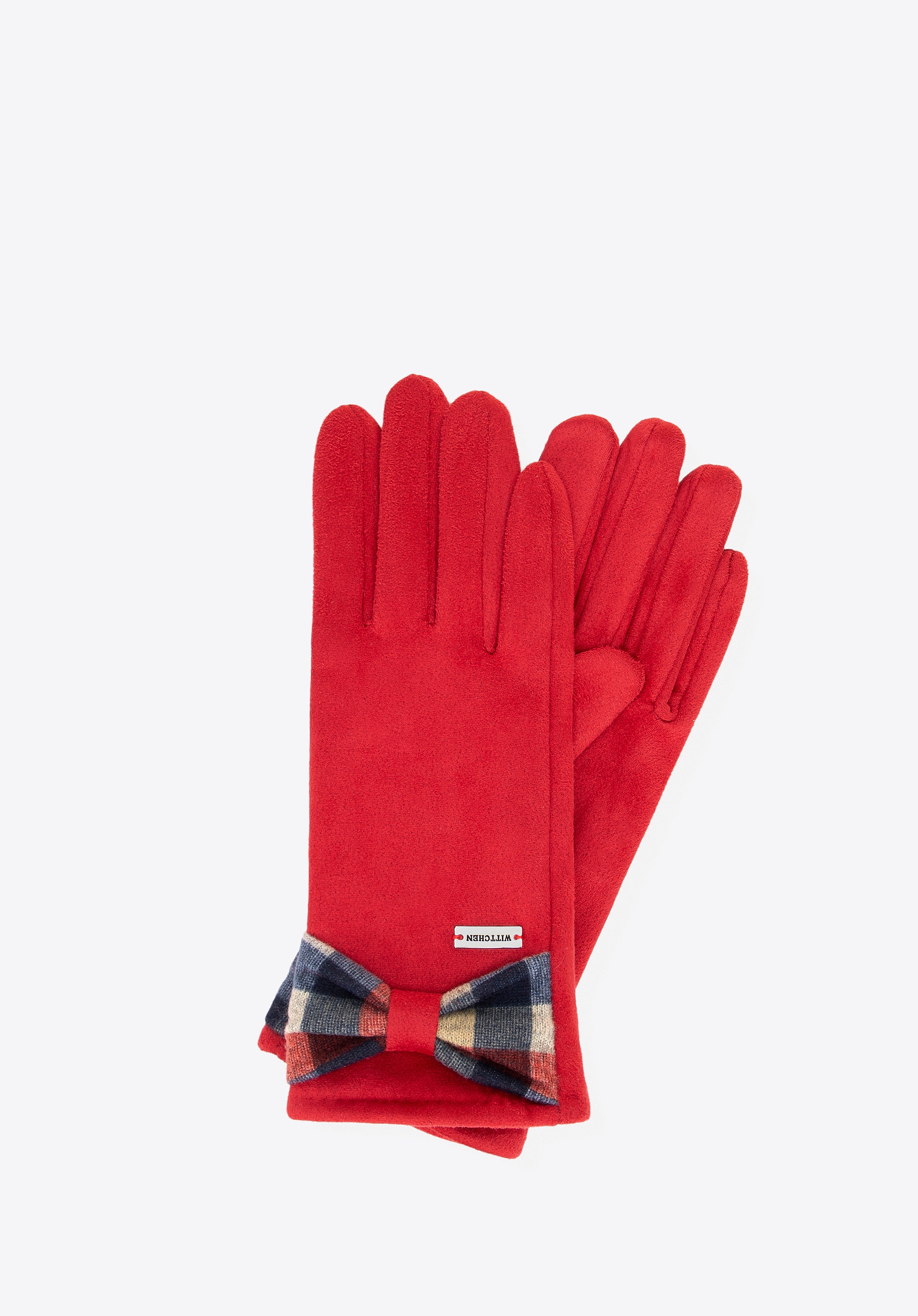 Damskie rękawiczki z kokardą w kratę czerwone