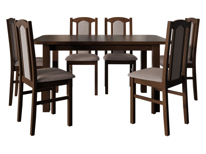 Zestaw DR06 MIRJAN 24 Stół rozkładany Wenus II L 80x140/180 + 6 krzeseł Bos 7 orzech + jasnobrązowa tapicerka 1 kpl.