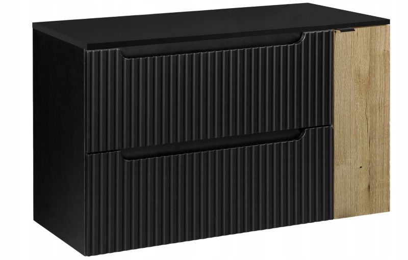 Szafka pod umywalkę łazienkowa Furnidea Nova Black czarna ryflowana 100 cm z blatem dąb 1 drzwi 2 szuflady 1 szt