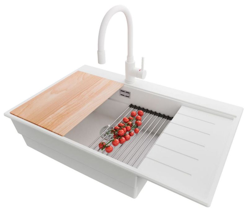 Zlewozmywak Granitowy Sydney PRIMAGRAN Nablatowy 78x50cm do szafki od 60cm, Biały + Bateria 38x14cm + Syfon + Akcesoria, , 1 szt.