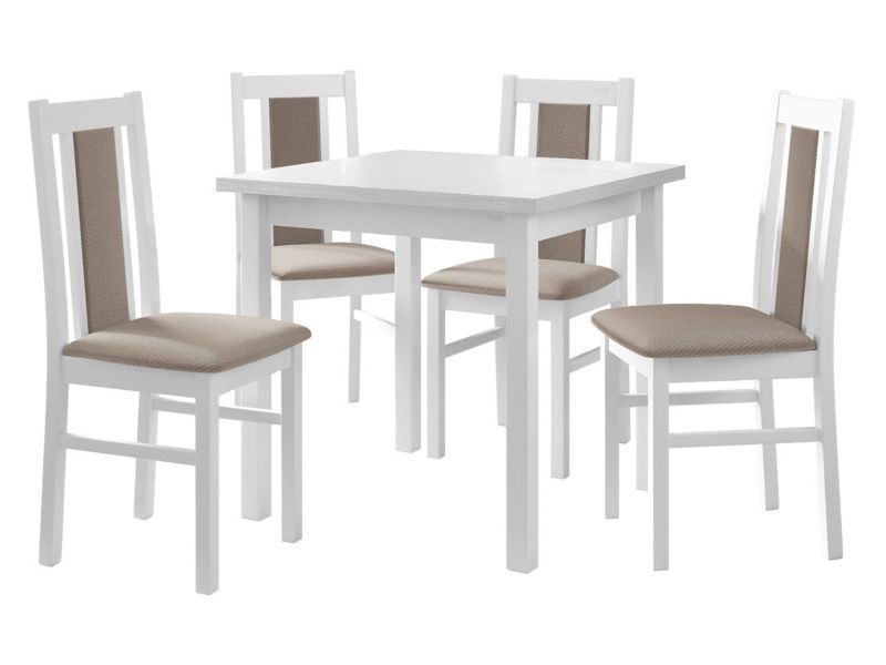 Zestaw DR05 MIRJAN 24 Stół Max IX 80 + 4 krzesła Bos 14 biały + beżowa tapicerka 1 kpl.