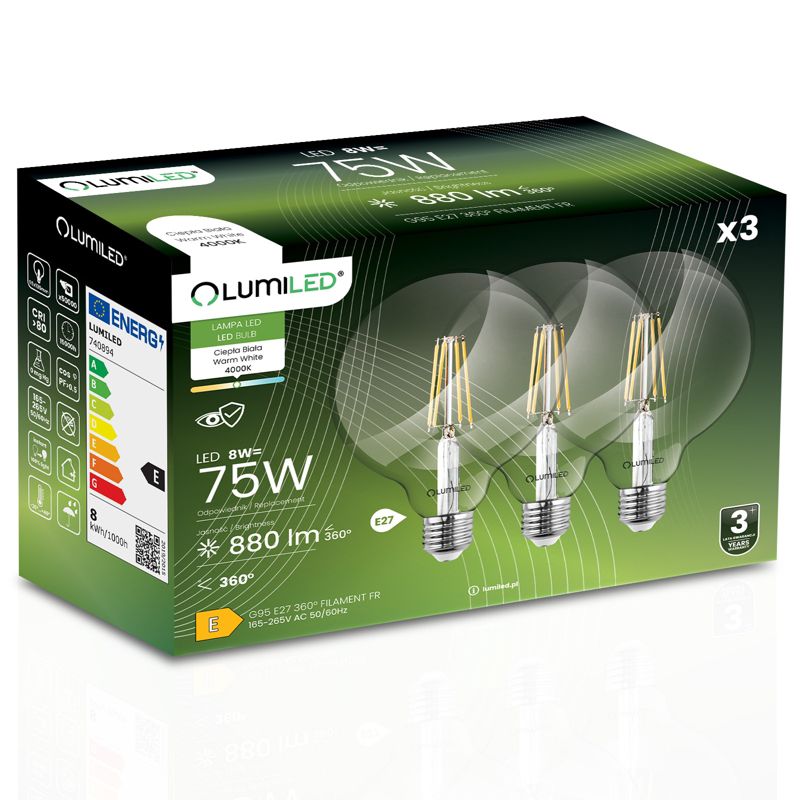 Żarówka LED Lumiled E27 Kula G95 8W 880lm 4000K 360st Filament 3 szt.