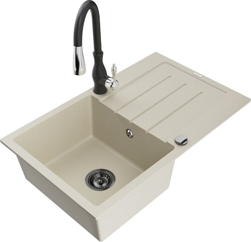 Zlewozmywak granitowy Mexen Bruno 1-komorowy z ociekaczem i baterią kuchenną Savita czarny/srebrny - 6513-73-672601-00 1 szt.