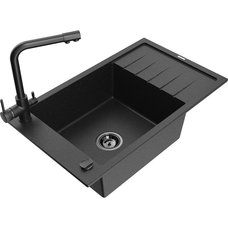 Zlewozmywak granitowy 1-komorowy Mexen Elias z ociekaczem i baterią kuchenną Duero czarny/srebrny metalik 6511-73-671600-70-B