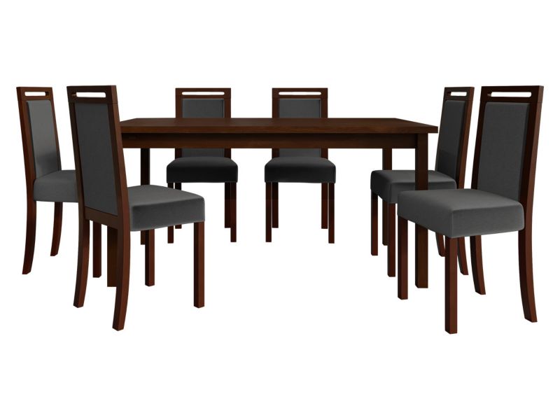 Zestaw DR03 MIRJAN 24 Stół rozkładany Modena II 90x160/200 + 6 krzeseł Roma 5 orzech + ciemnoszara tapicerka 1 kpl.