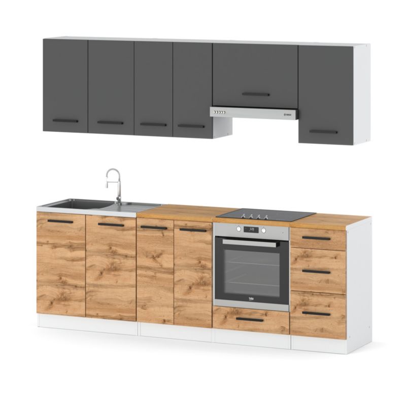 Zestaw Kuchenny Hurtownia-Mebli Z Blatem Kuchnia Mokka Plus 240cm Biały Mat Szary Mat/Dąb Wotan 240x47x145 cm 1szt.