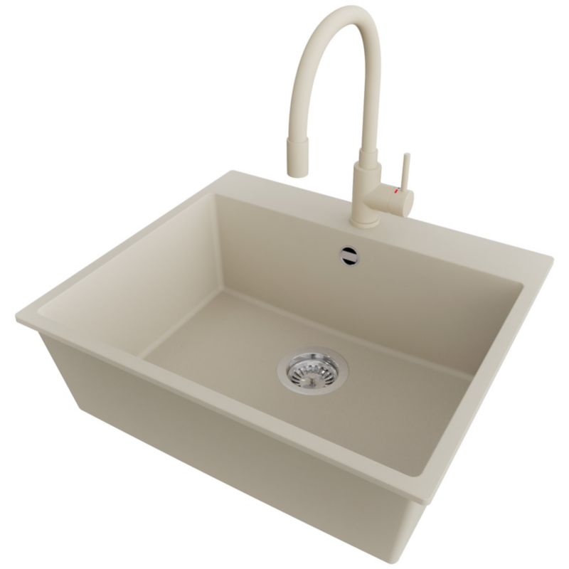 Zlewozmywak Granitowy Ryga PRIMAGRAN Nablatowy 58x50cm do szafki od 60cm, Beżowy + Bateria 38x14cm + Syfon, S337, 1 szt.