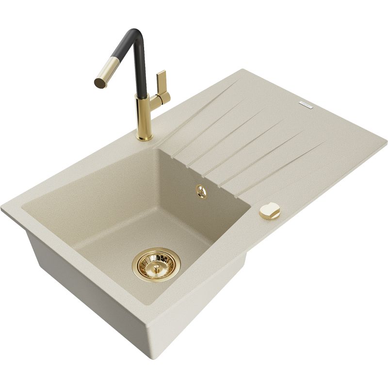 Zlewozmywak granitowy 1-komorowy Mexen Cesar z ociekaczem i baterią kuchenną Flora beżowy 6514-69-670401-57-G