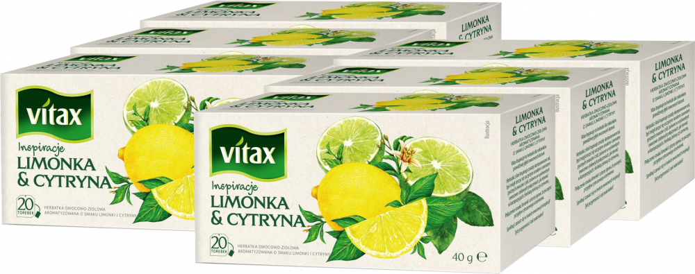 6x Herbata owocowa w torebkach Vitax Inspirations, limonka i cytryna, 20 sztuk x 2g
