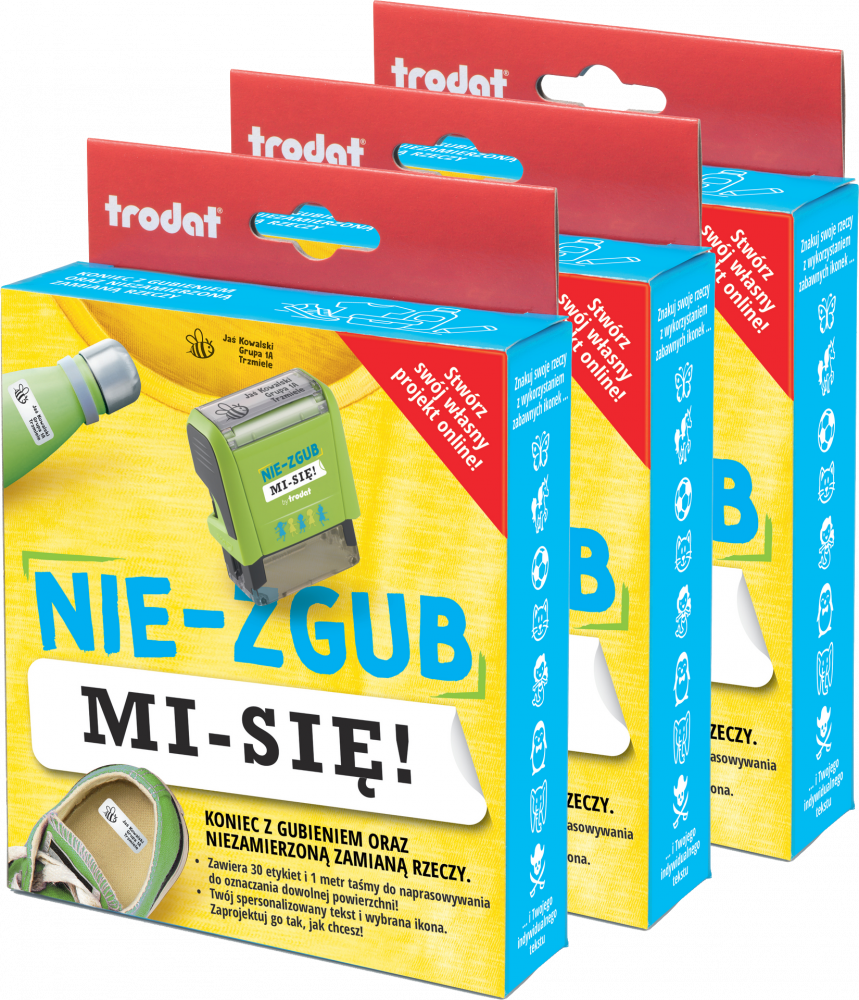 3x Pieczątka do ubrań i rzeczy Trodat „Nie-zgub mi-się”, zestaw z literkami