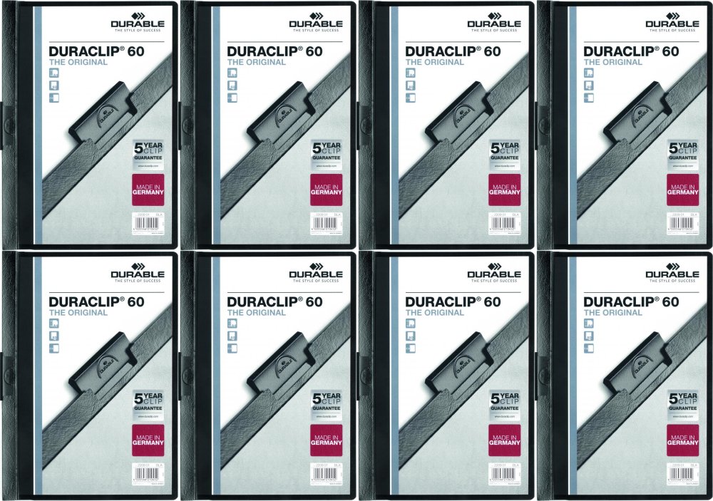 8x Skoroszyt plastikowy z klipsem Durable DuraClip, A4, do 60 kartek, czarny