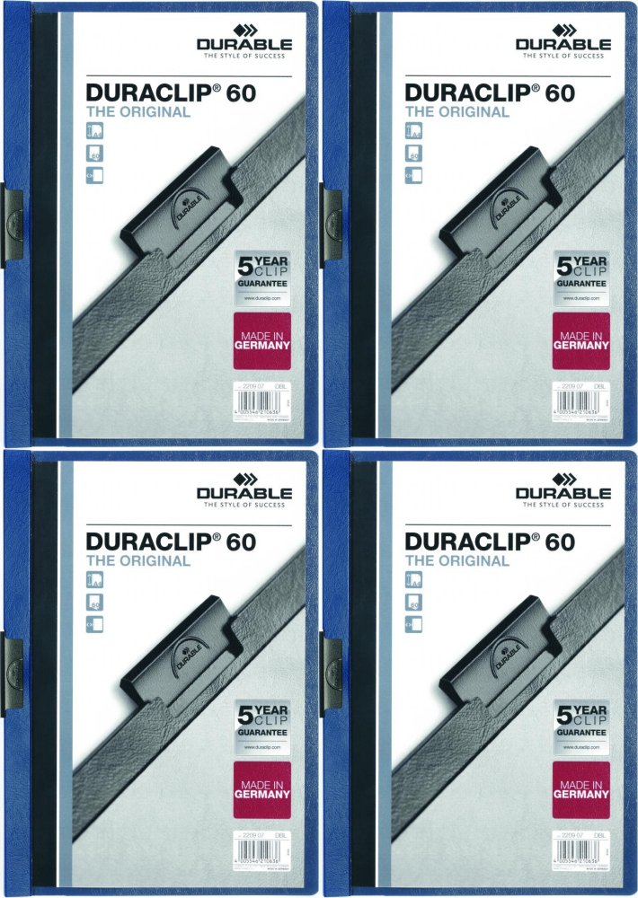 4x Skoroszyt plastikowy z klipsem Durable DuraClip, A4, do 60 kartek granatowy
